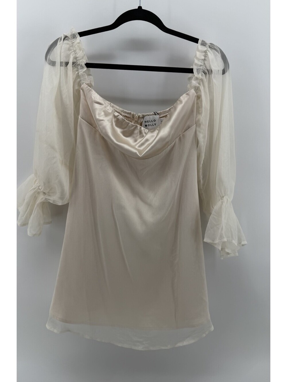 Hello Molly Beige Ivory Satin Mini Dress Sheer Tulle Puff Sleeve Size S NWT